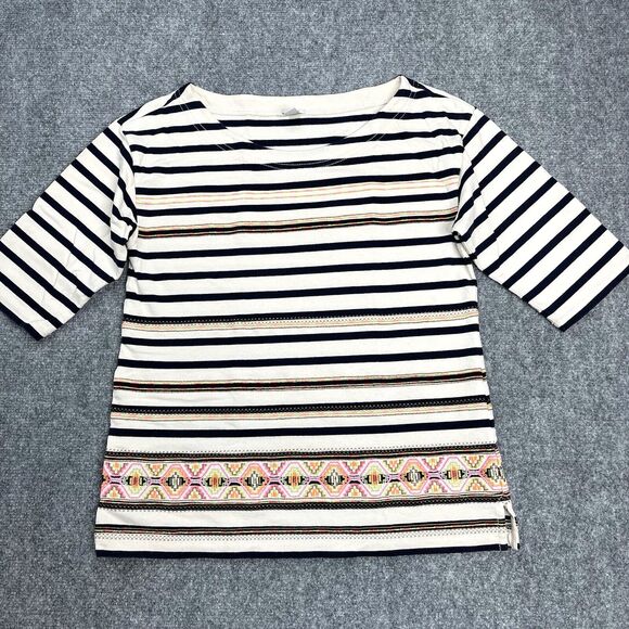 J Crew Top Womens Size Small Short Sleeve Embroidered Beige Striped Cotton - Picture 2 of 8
